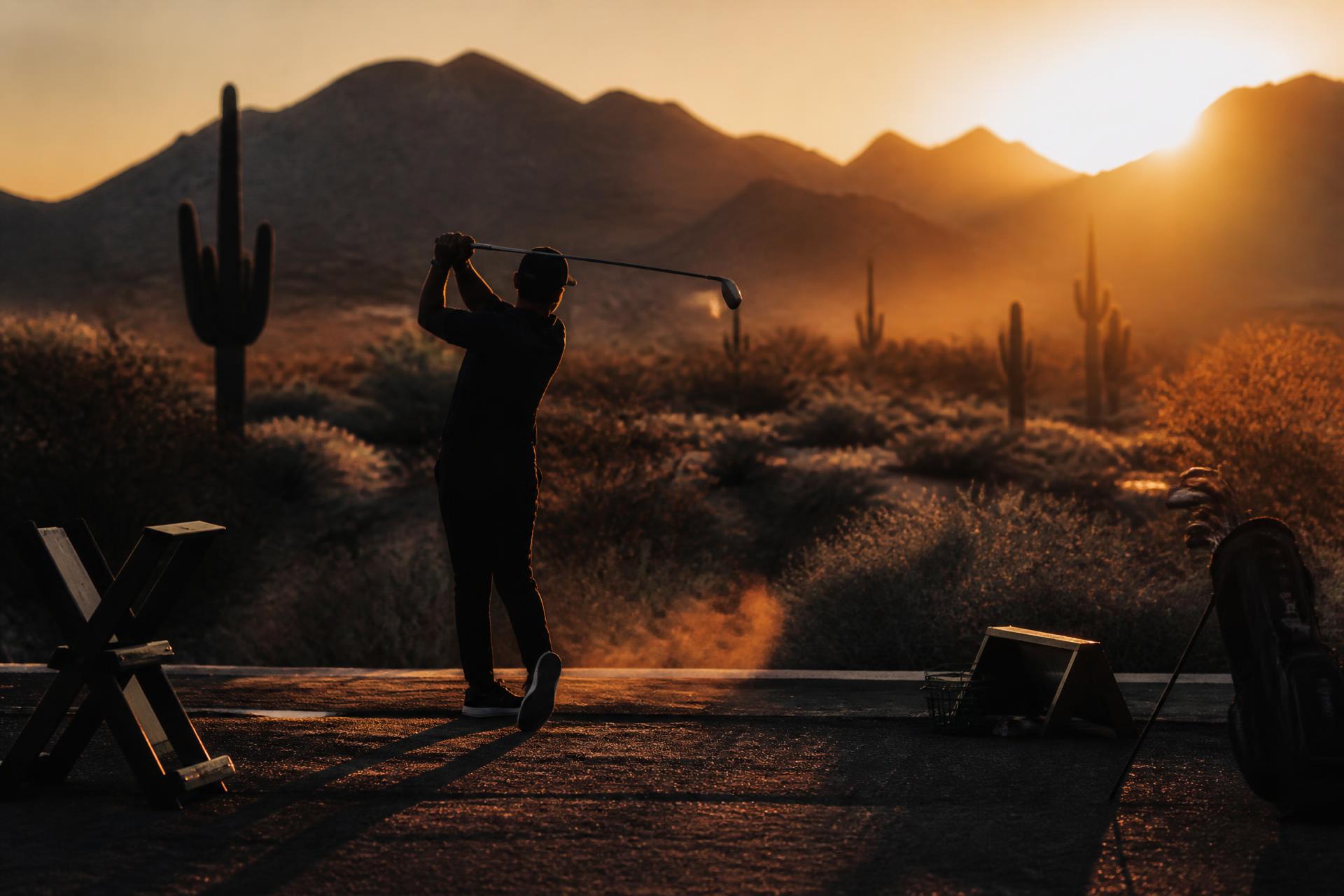 Desert golf landscape at sunset near Vail, Arizona
